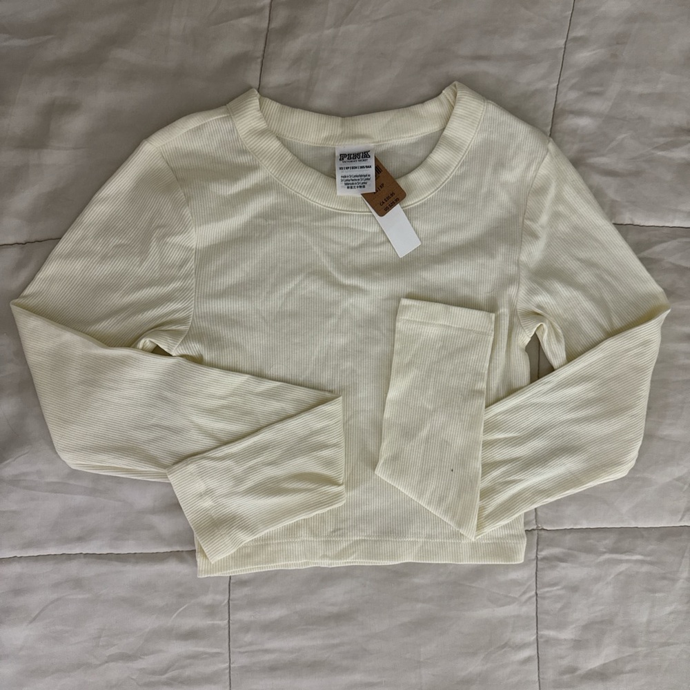 PINK Victoria’s Secret Cream Long Sleeve Ribbed Top